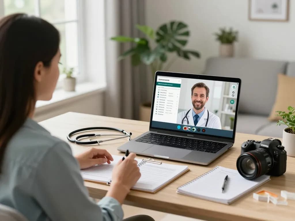 Cannabis kaufen durch eine Telemedizinberatung für medizinische Verschreibungen, die einen Patienten zeigt, der online mit einem Arzt in einem gemütlichen, modernen Büro interagiert.