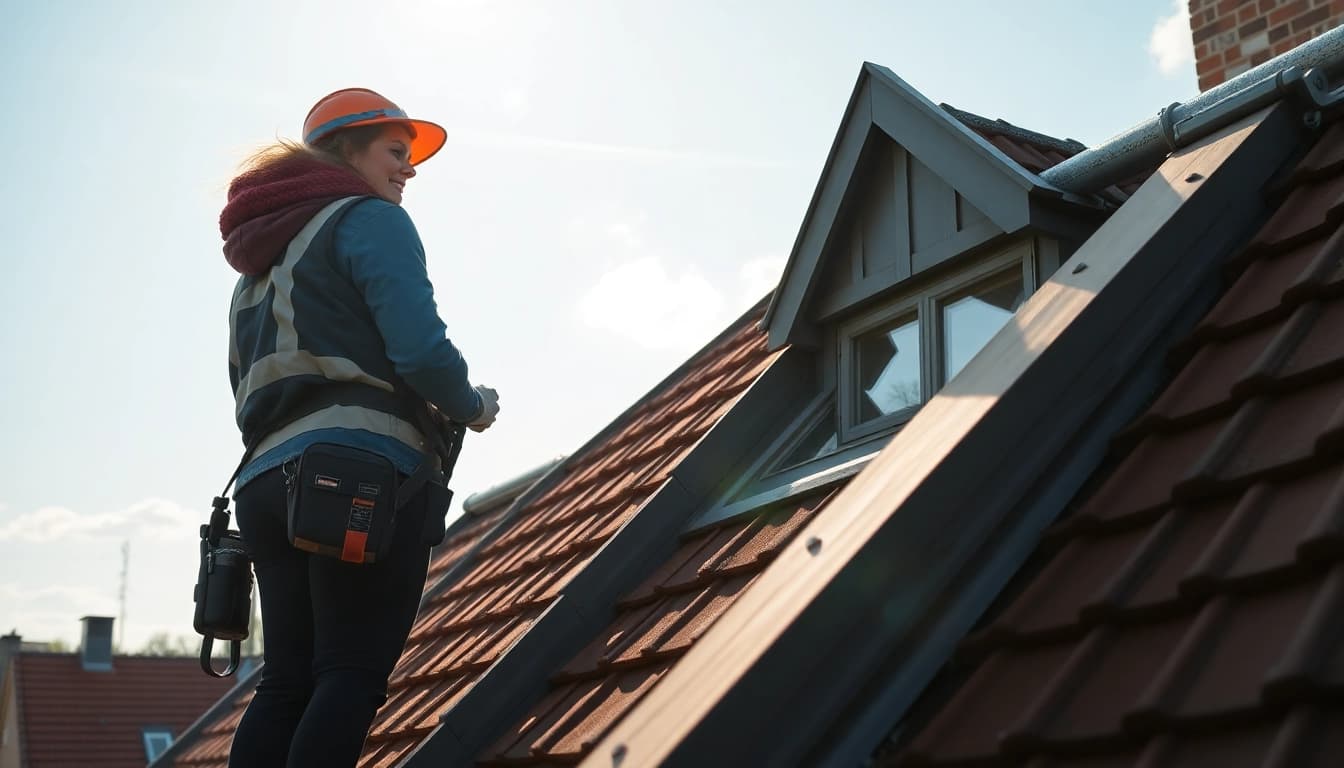 Dachdecker in Münster repariert ein Dach, zeigt präzise Handwerkskunst und professionelle Ausrüstung.