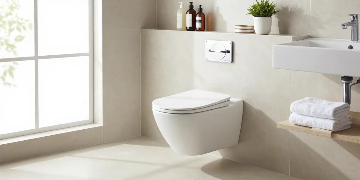 Stijlvolle randloze toilet in een moderne badkamer met elegante accessoires.
