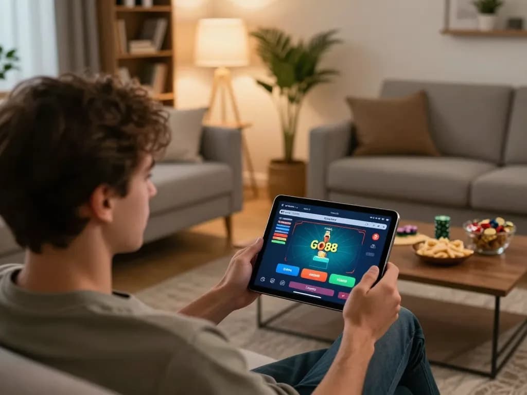 Engaging with the GO88 poker app on a tablet in a cozy home setting, highlighting comfortable gaming.