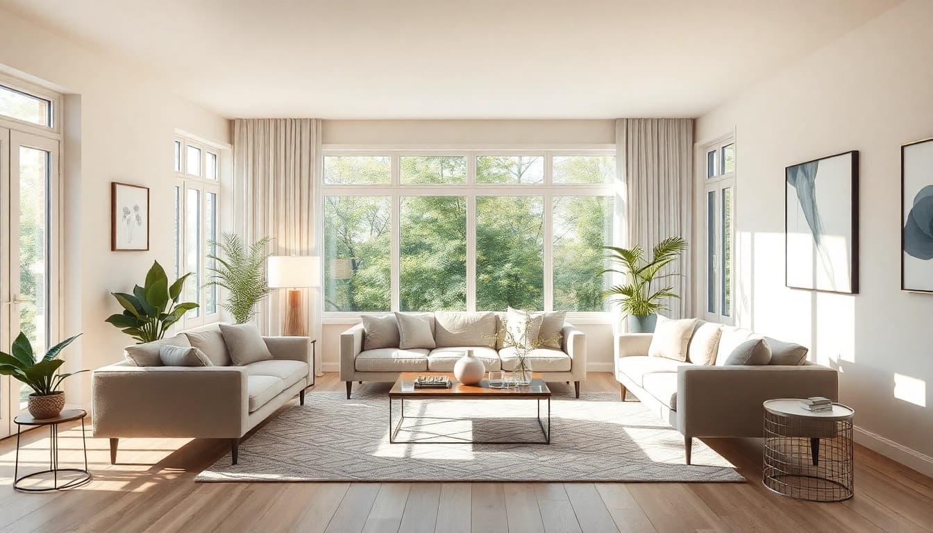 Elegante Raumgestaltung eines einladenden Wohnzimmers mit harmonischer Farbpalette und warmen Holztönen.