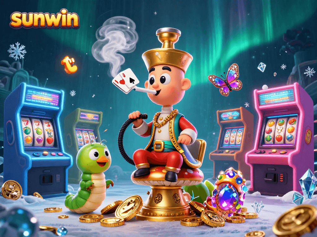 Win big with sunwin in a vibrant casino scene featuring a caterpillar master and gaming elements.