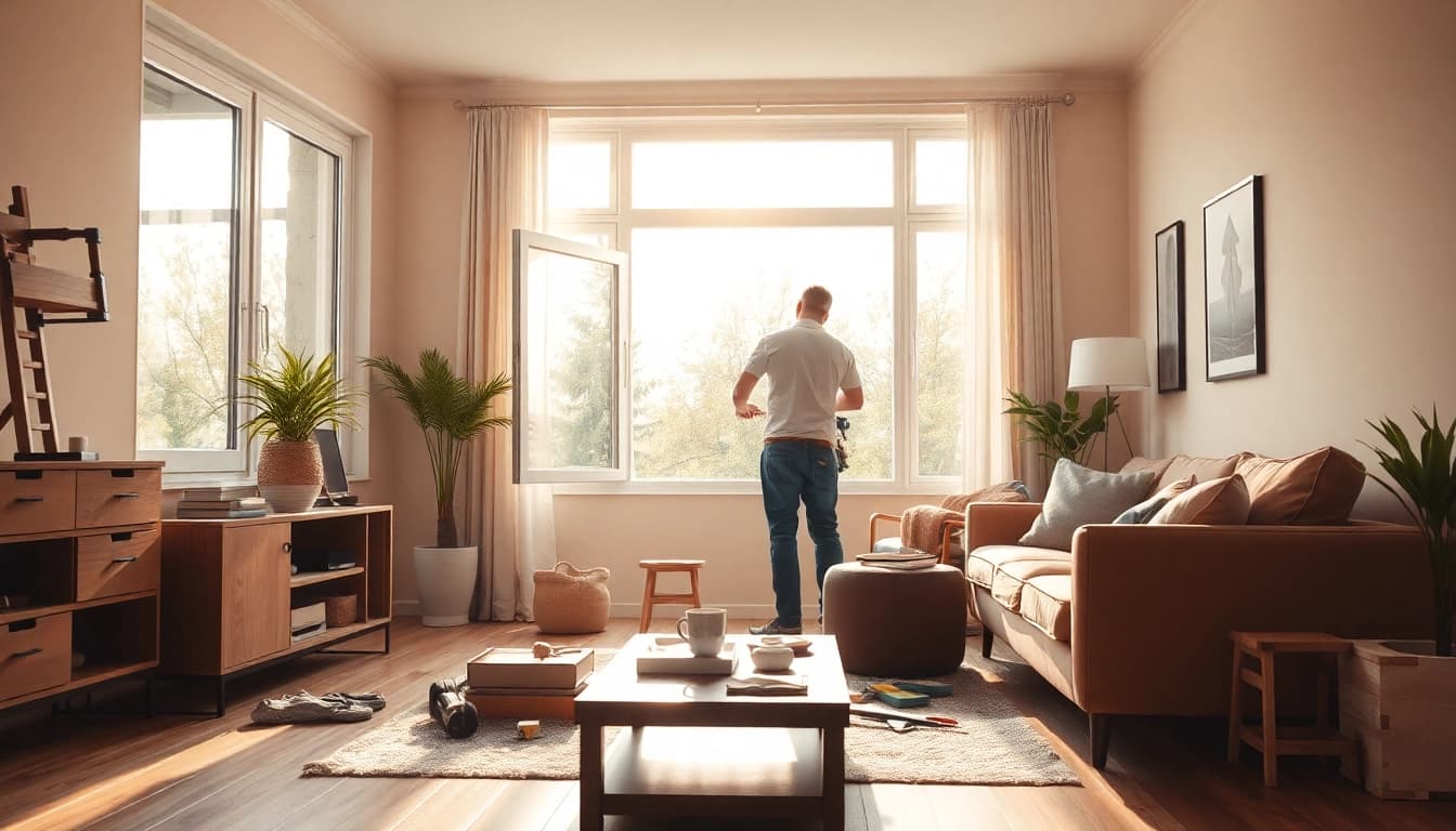 Handwerker renoviert ein modernes Wohnzimmer - Hausrenovierung mit Stil und Kreativität.