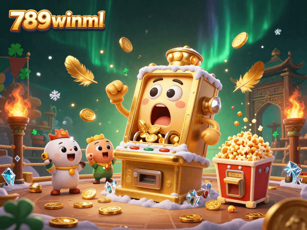 Spin to win at 789winml with a golden slot machine celebrating its jackpot, surrounded by cheerful baby slot machines and festive elements.
