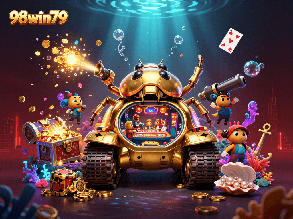 Experience the excitement of gambling with 98win79 in a vibrant digital casino scene featuring playful characters.