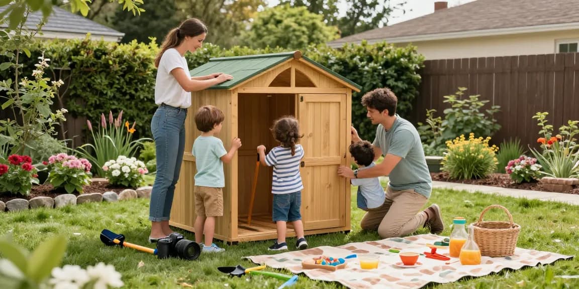 Familie beim Gartenhaus kaufen und zusammen im Garten arbeiten, um ihren Traumgarten zu gestalten.