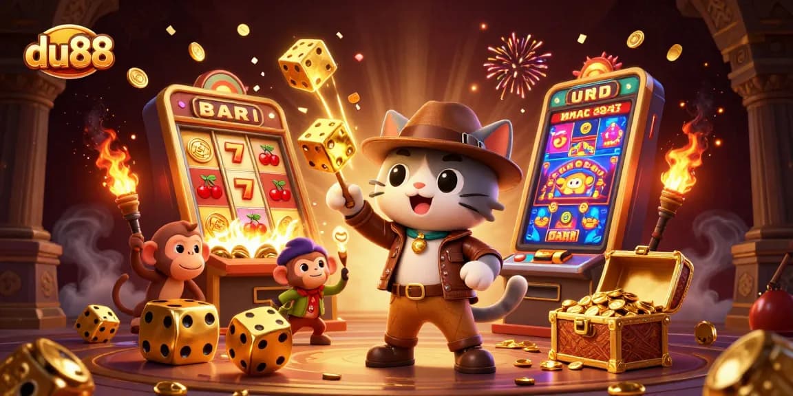 Spin the reels and unlock treasures at du88 with this vibrant 3D casino adventure illustration.