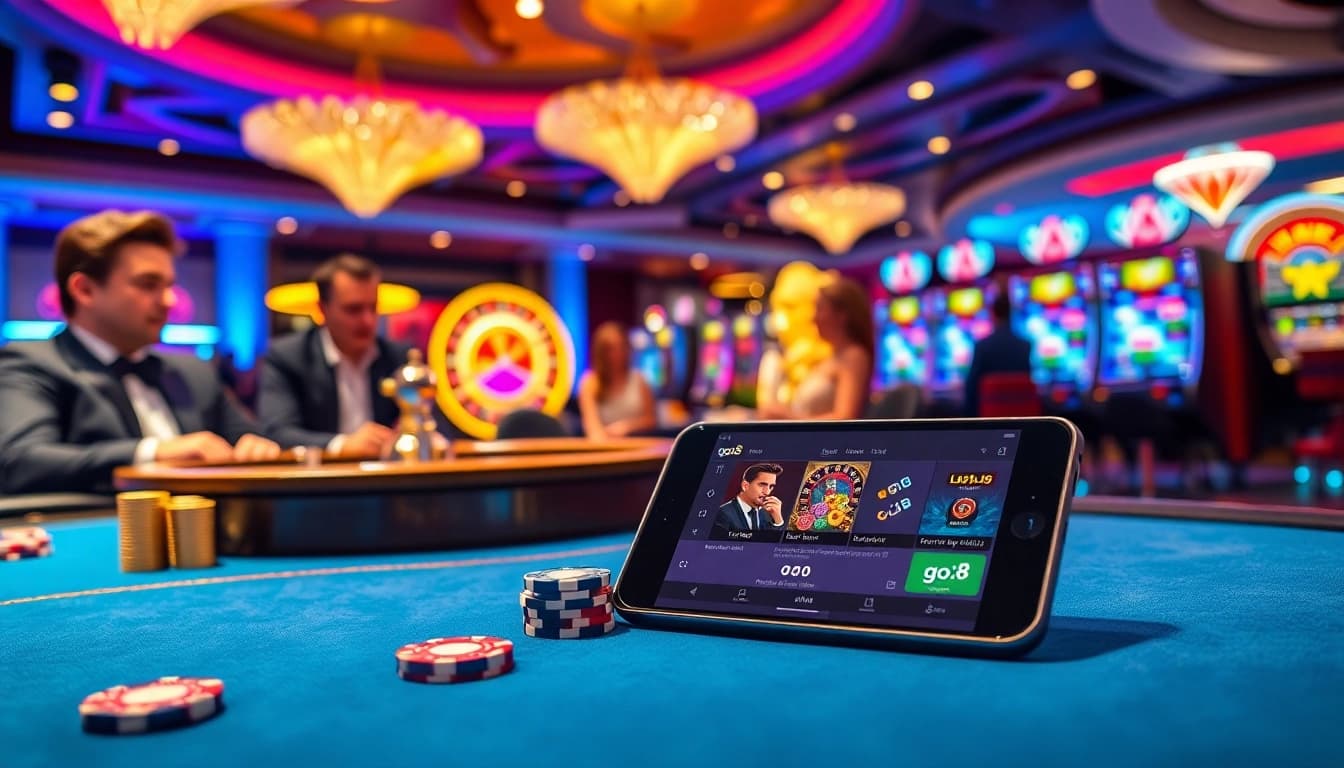 Engage in thrilling gaming action with go8 at a luxurious casino, featuring poker tables and roulette.