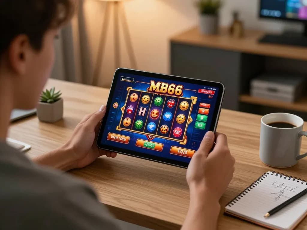 Engaging online gaming experience at MB66 with player focused on tablet in cozy home setting.