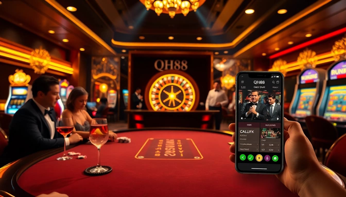 Players enjoying a strategic game at the QH88 poker table in a vibrant casino.