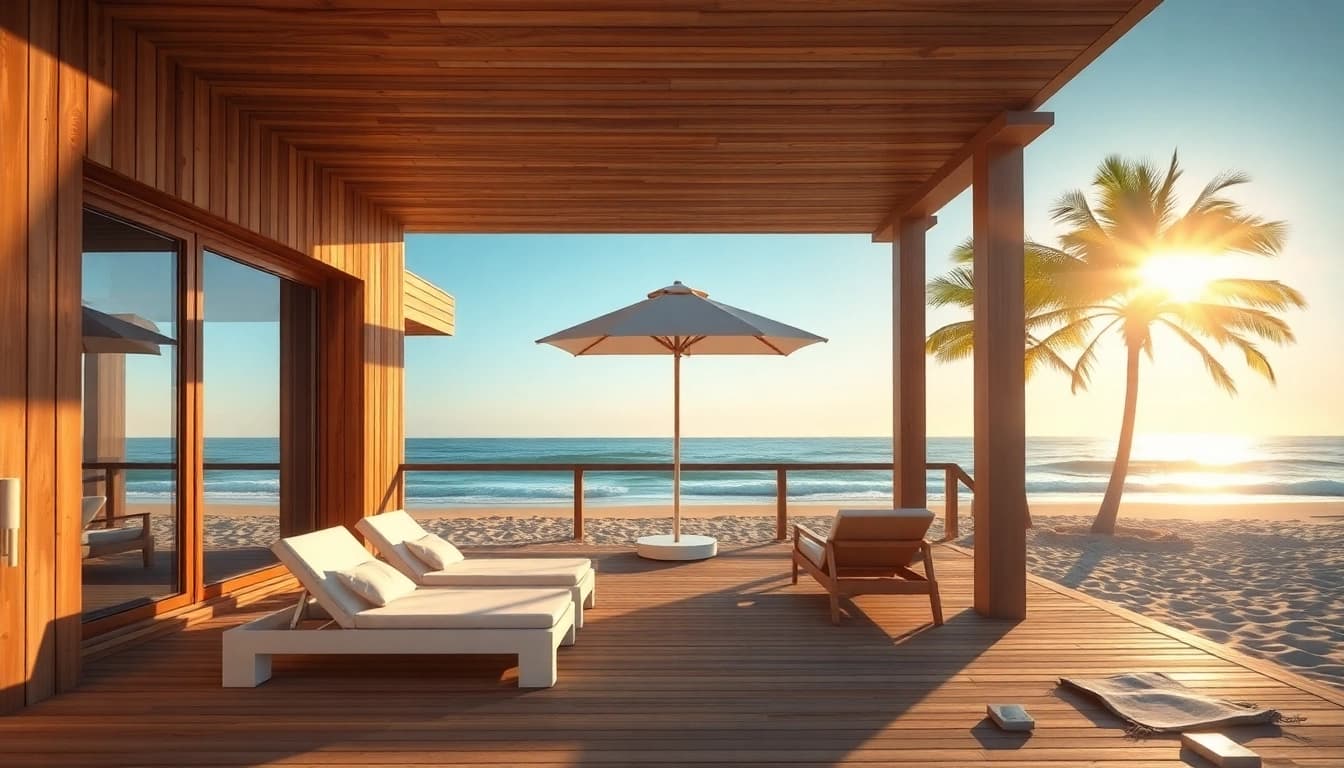 Entspanne in einem coastal cabana mit wunderschönem Meerblick und komfortabler Terrasse.