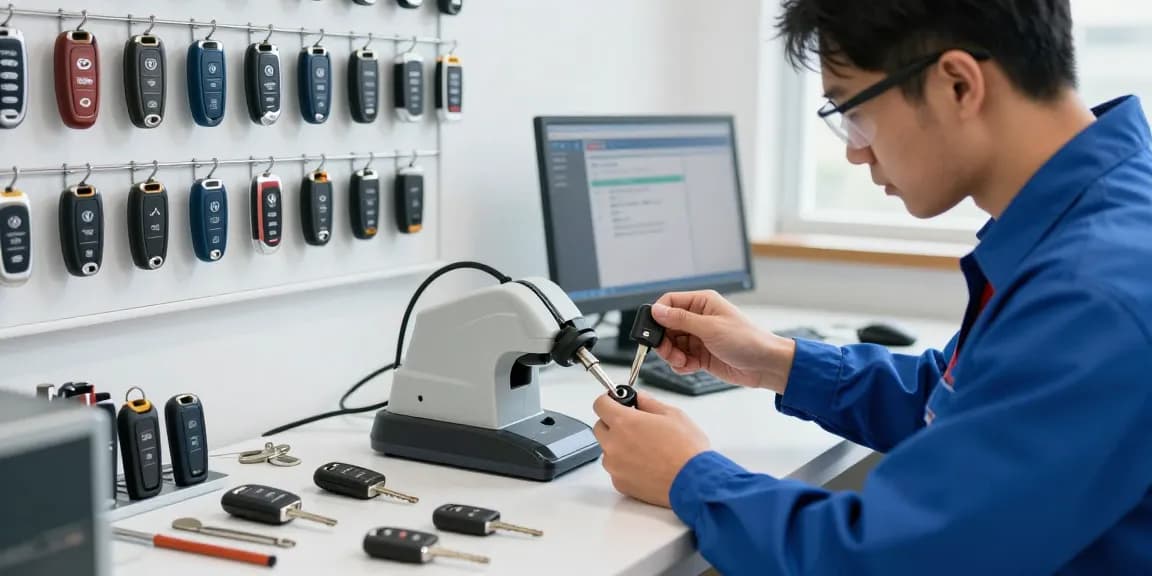 Experte für Autoschlüssel bei der Schlüsselherstellung für Autos im modernen Werkstattumfeld.