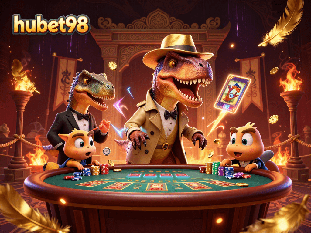 Experience the thrill of hubet98 with playful dinosaurs in a vibrant casino scene.