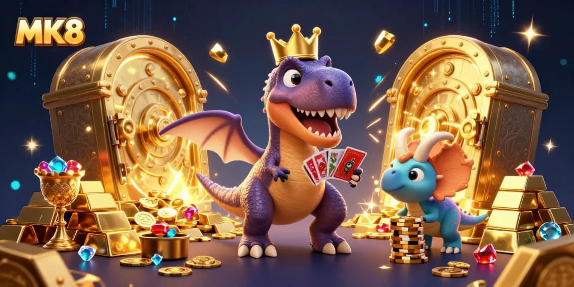 Experience thrilling gameplay at MK8 with a fun dinosaur casino scene featuring unique characters and casino elements.