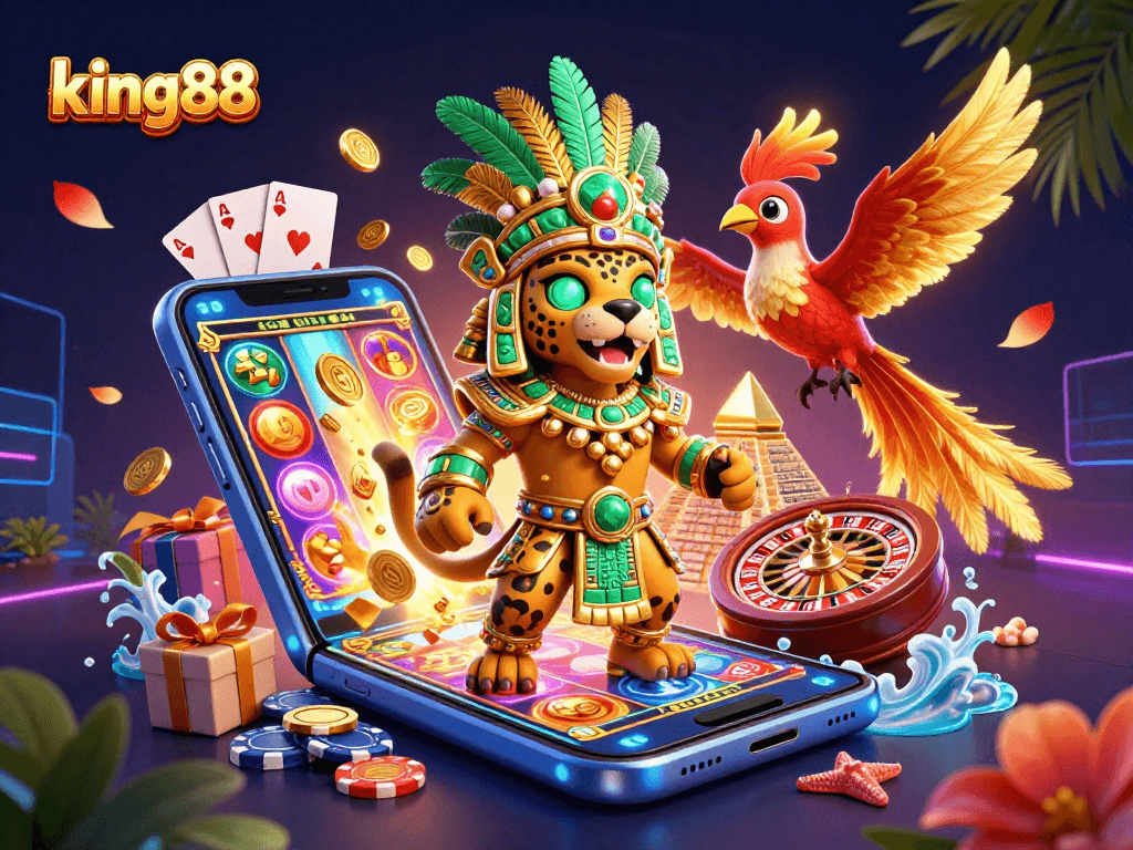 Experience king88's vibrant casino scene with animated characters and dynamic game elements.