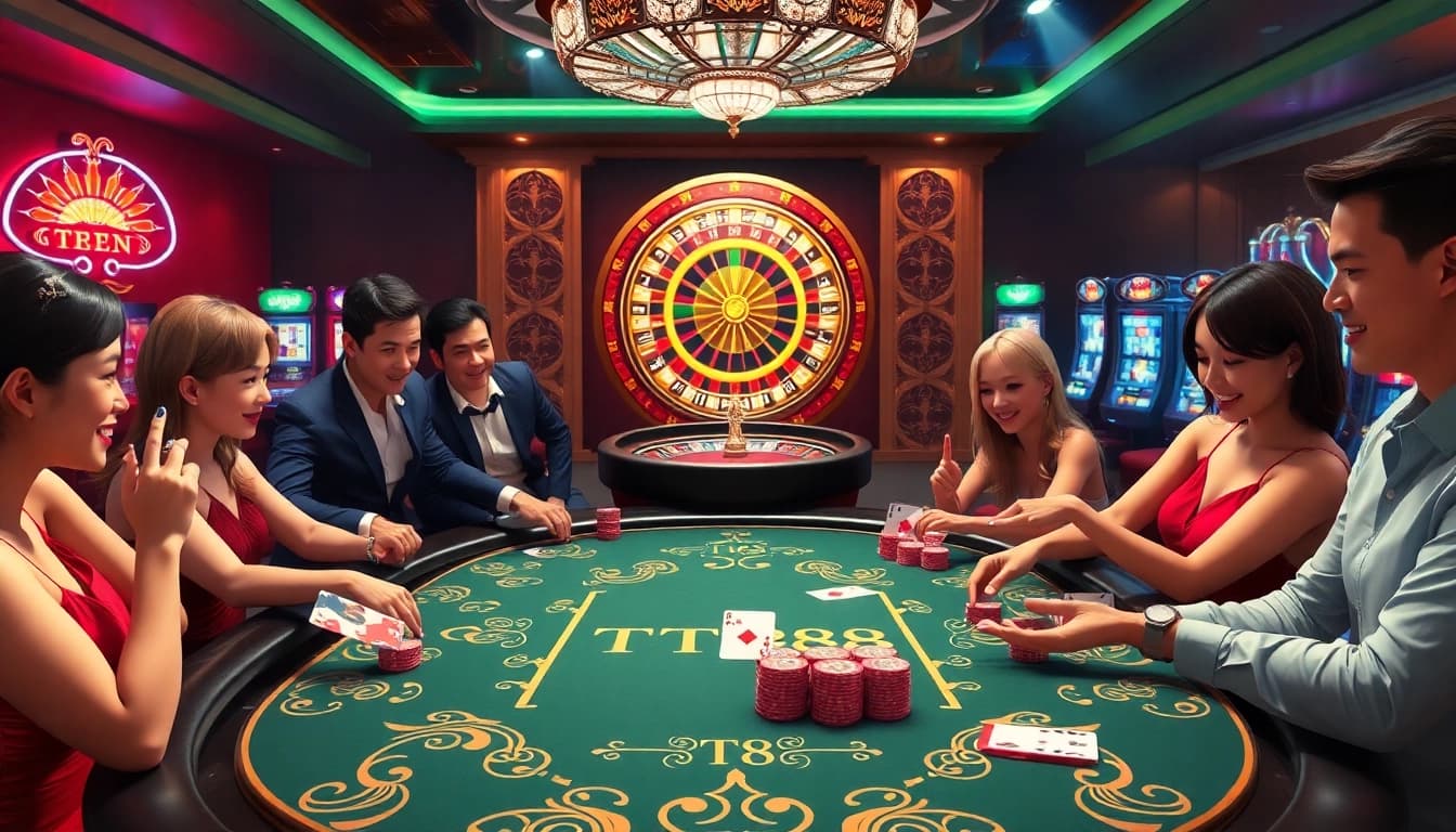 TT88 poker table showcasing excitement in a vibrant casino atmosphere.