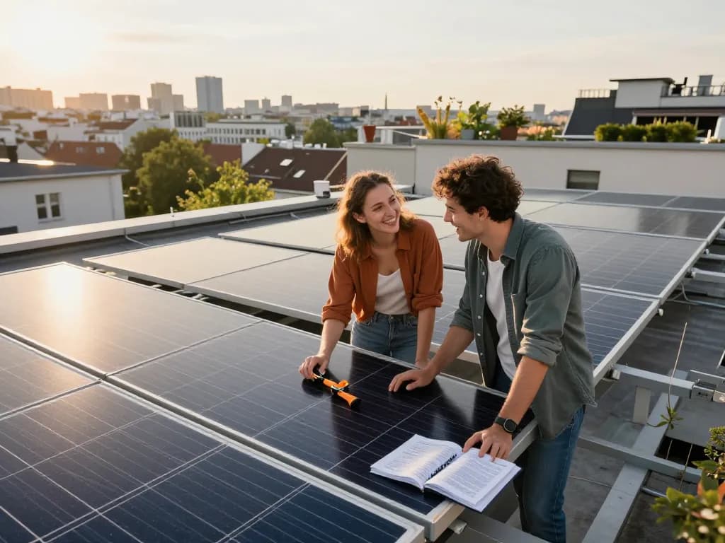 Paar, das das Photovoltaik Wien Solarenergiesystem auf einem städtischen Dach während der goldenen Stunde inspiziert.
