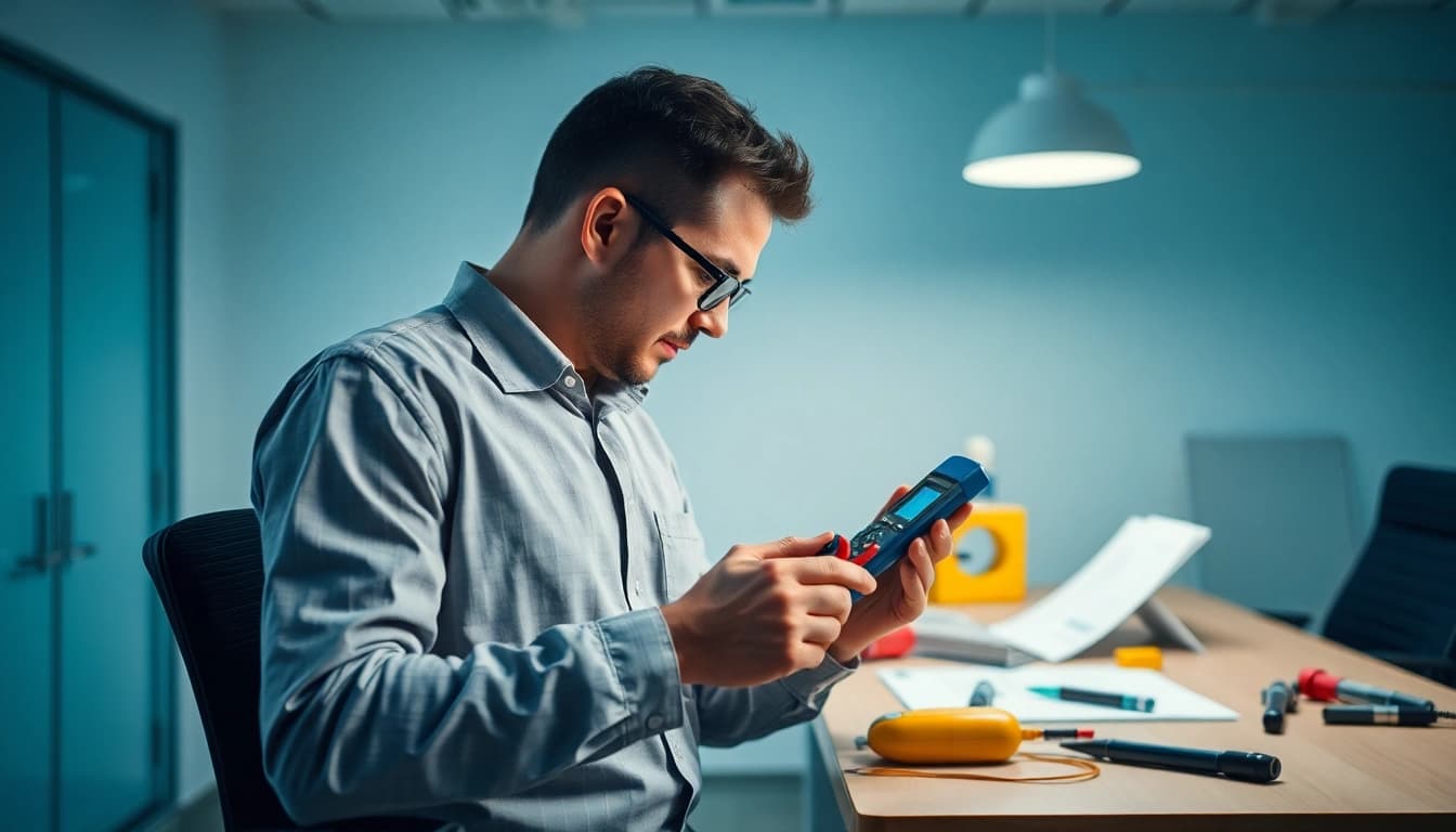 Techniker führt einen check für die Prüfung elektrischer Geräte im Büro durch.