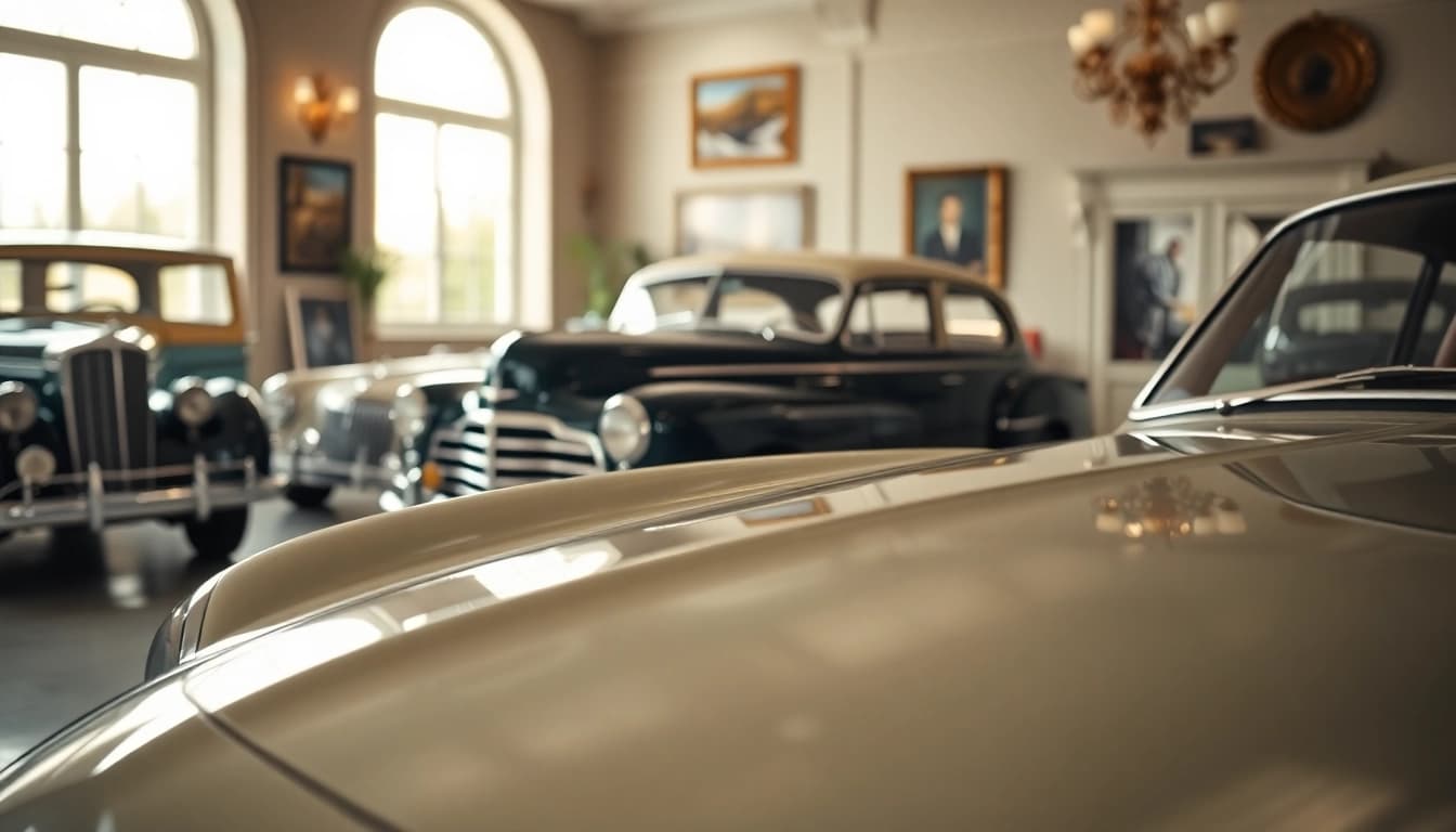 Oldtimer Wertgutachten im Fokus eines klassischen Autos in einer Galerie.