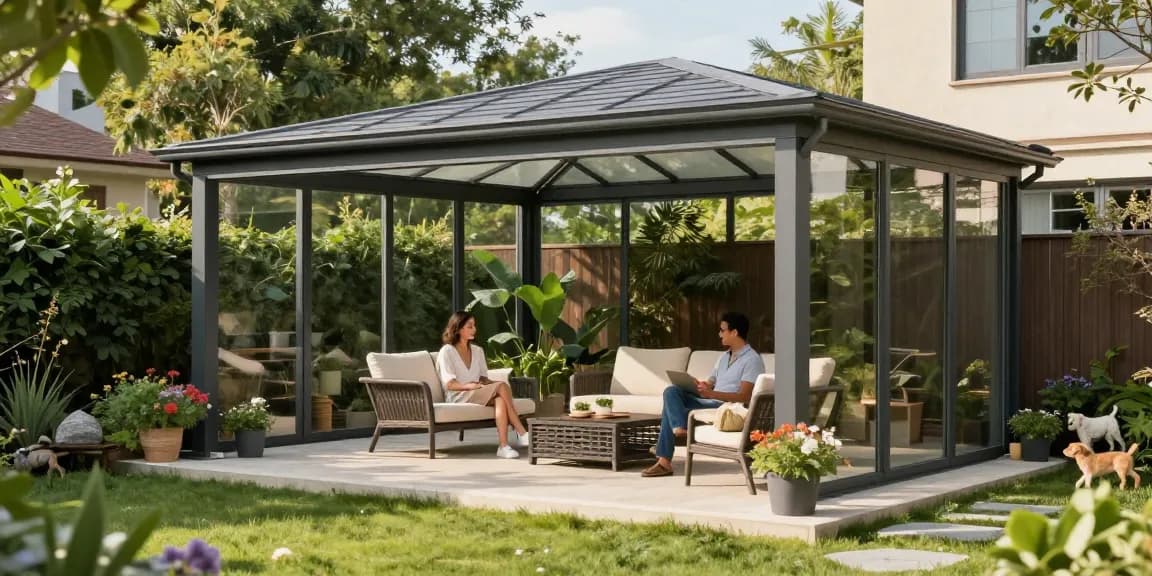 Freistehende Terrassenüberdachung im Garten mit entspannendem Umfeld