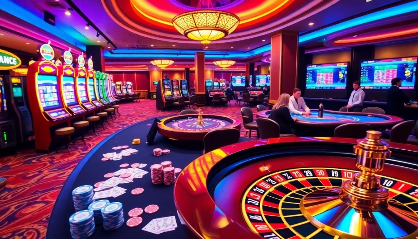 Engaging scene at nv casino with vibrant slot machines, poker tables, and luxurious atmosphere.