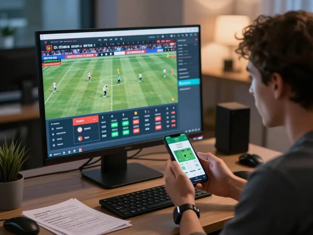 Engaged user placing bets on fabet sports betting platform, smartphone in hand displaying live match odds.