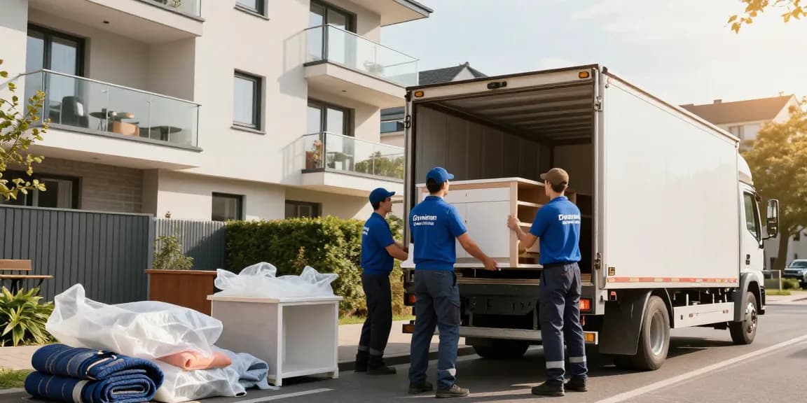 Umzugsunternehmen Darmstadt – professionelle Umzugshelfer laden Möbel sicher auf einen Truck in einer dynamischen Stadtlandschaft.