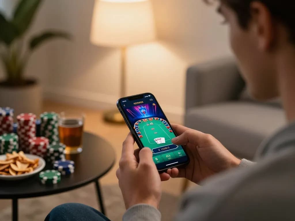 56WIN mobile user enjoying a poker game on their smartphone in a cozy living room setting