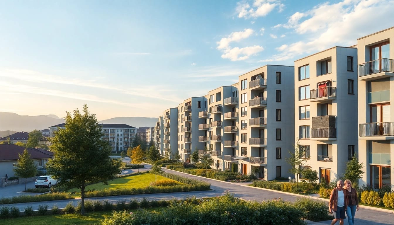 Nordzypern immobilien preise abbilden: modernes Wohngebiet in Nordzypern mit klaren Architekturlinien und blühenden Gärten.