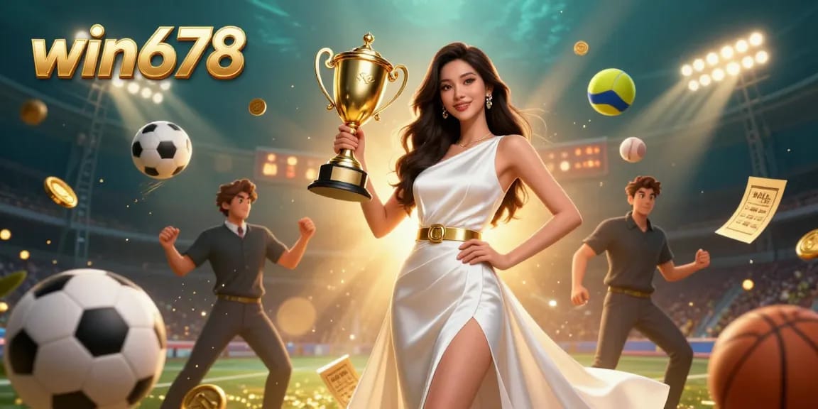 Win678 showcases a triumphant Asian woman in casino style, capturing the thrill of winning in sports betting.