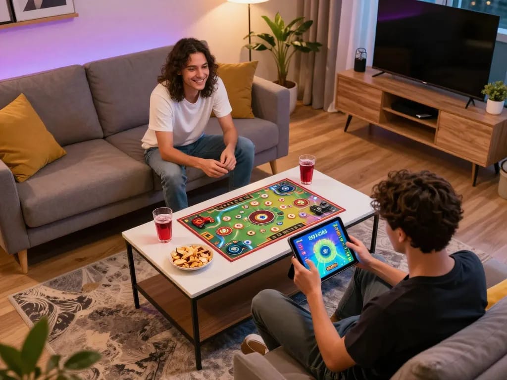 Playing 789 club on a tablet in a cozy living room with snacks and drinks.