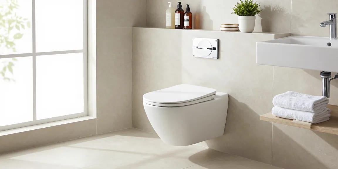 Stijlvolle randloze toilet in een moderne badkamer met elegante accessoires.