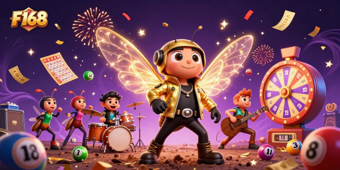Experience thrilling wins with F168 as the rock star cicada leads the vibrant lottery celebration.