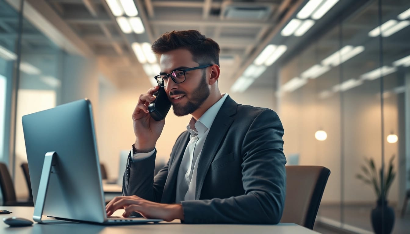 Ein engagierter Headhunter für Vertriebsmitarbeiter bei der Arbeit in einem modernen Büro, der mit einem Lebenslauf telefoniert.