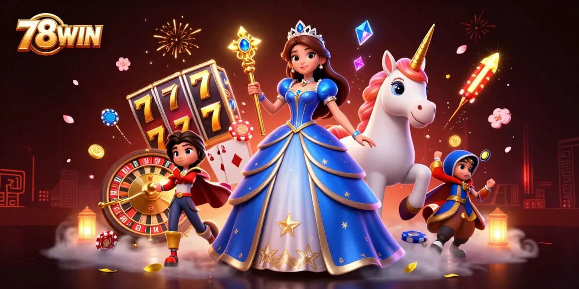 Play exciting games at 78WIN, featuring vibrant casino elements and enchanting characters.