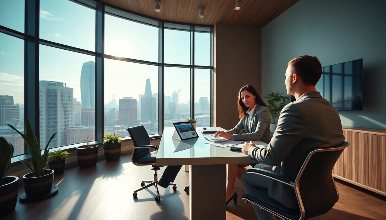 Immobilienmakler Frankfurt Eschersheim berät Kunden im modernen Büro mit Skyline-Aussicht.