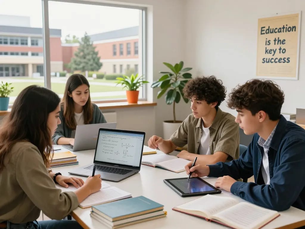 Studierende arbeiten zusammen, um Hausaufgaben in einem hellen Lernraum mit Laptops und Lehrbüchern zu lösen.