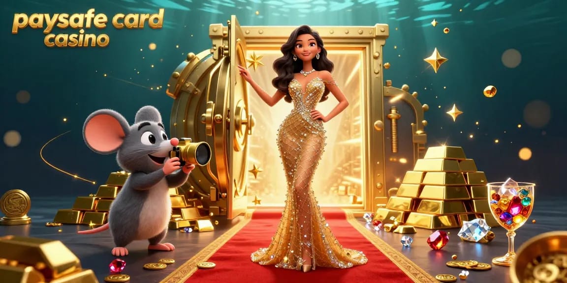 Erleben Sie Gaming-Aufregung in einem Paysafe Card Casino mit einer glamourösen 3D-Szene, die goldene Schätze und lebendige Charaktere zeigt.
