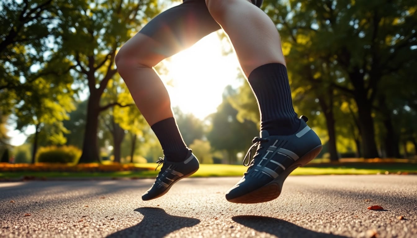 Tragen Sie kompressionssocken für mehr Komfort beim Joggen im Park.
