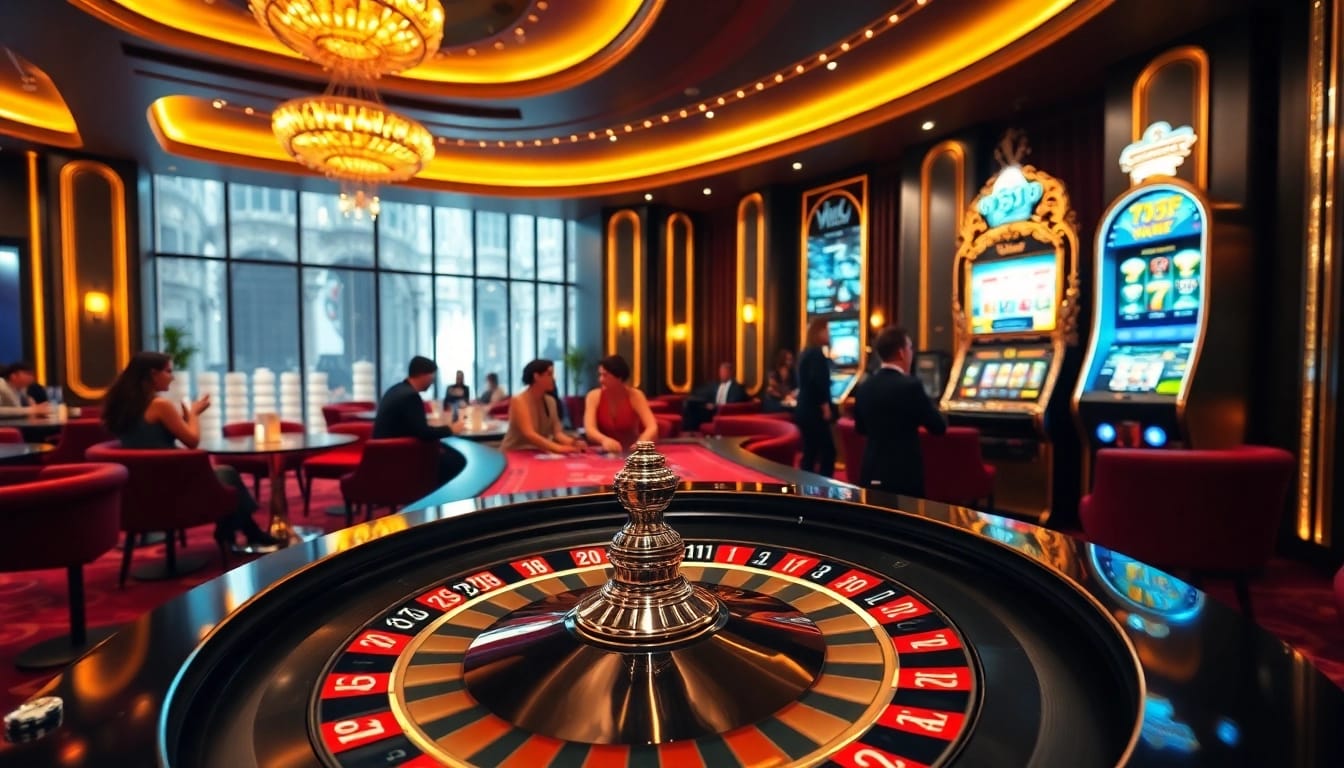 Players enthusiastically engage in thrilling games at 789f casino, surrounded by vibrant decor.