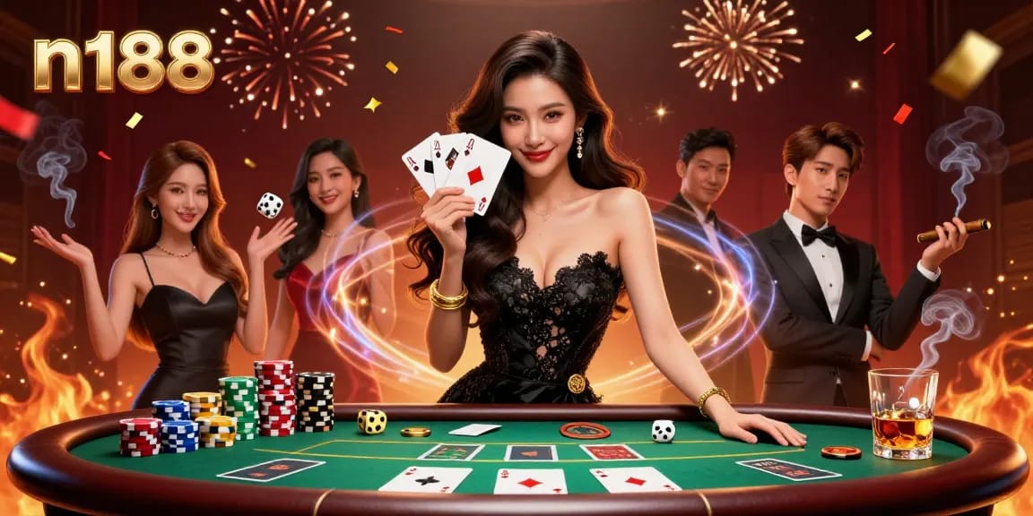 An elegant Asian woman at a luxurious casino, showcasing her poker skills with n188 playing cards.