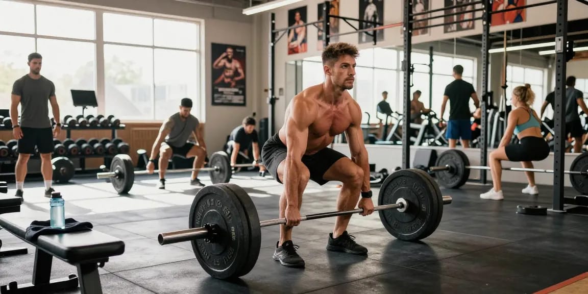 Professioneller Bodybuilder hebt Gewichte in einem lebhaften Fitnessstudio und repräsentiert den Fitnessfokus des Anabolika-Shop Deutschland.