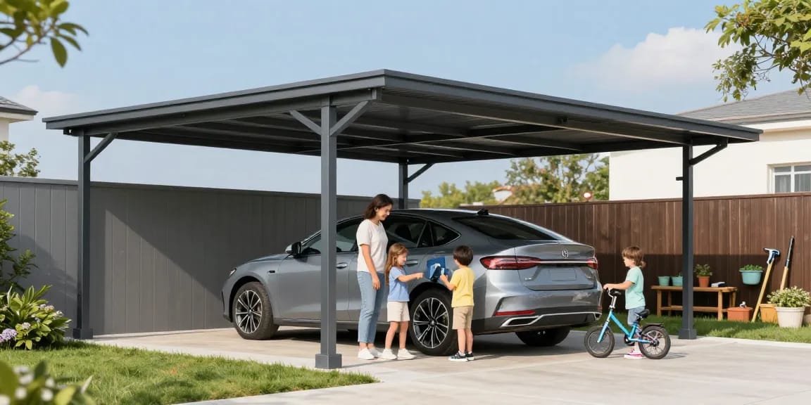 Carport als Schutz für das Auto, Familie mit Kindern spielt in der Nähe.