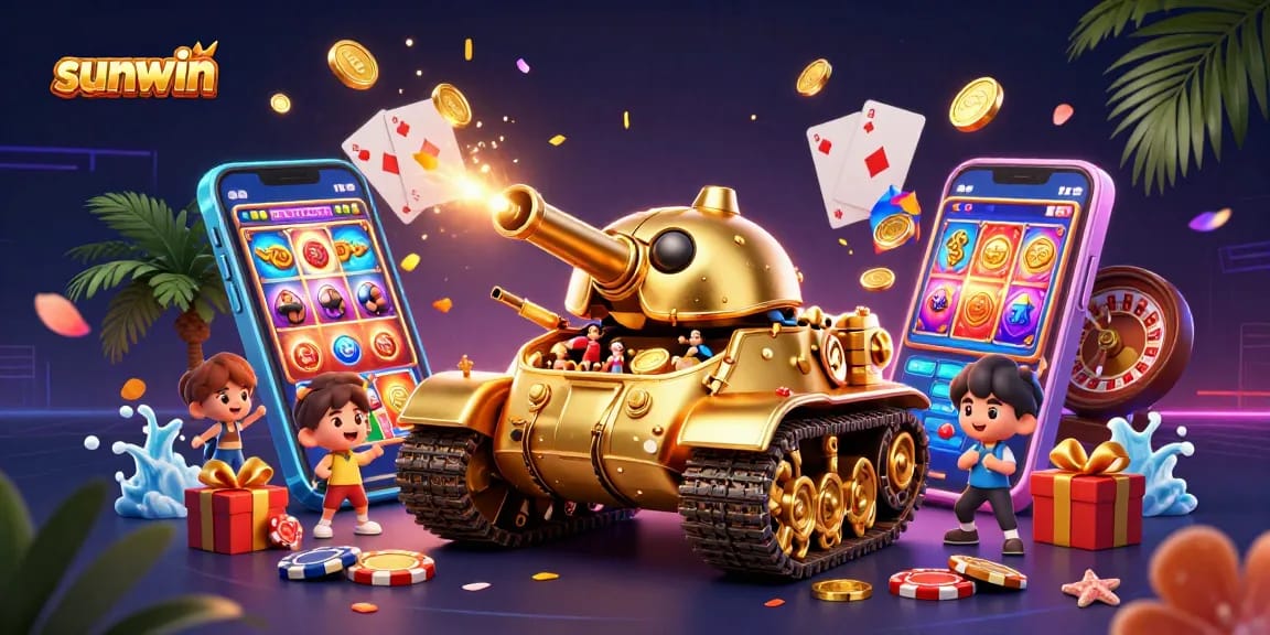 Experience sunwin's vibrant gaming world with a golden beetle tank revealing a miniature casino.