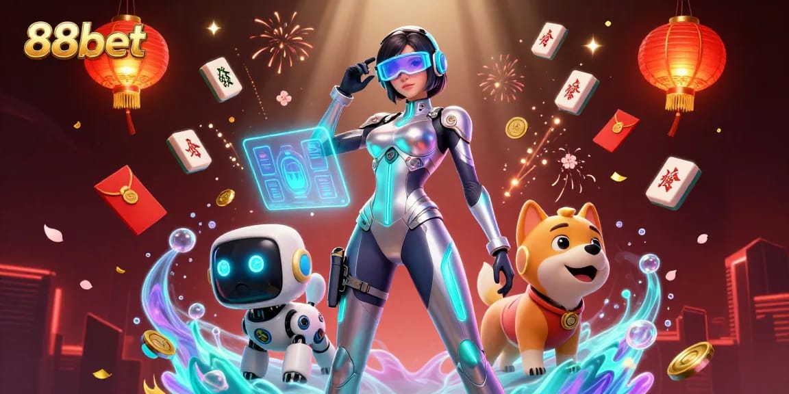 Experience exciting gameplay at 88bet with vibrant 3D casino elements around a futuristic character.