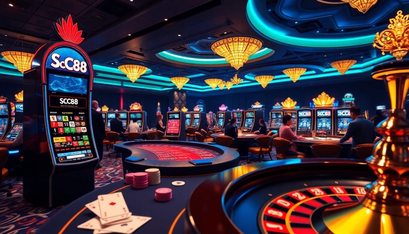 Engaging casino scene with SC88 branding, vibrant colors, and players at gaming tables.