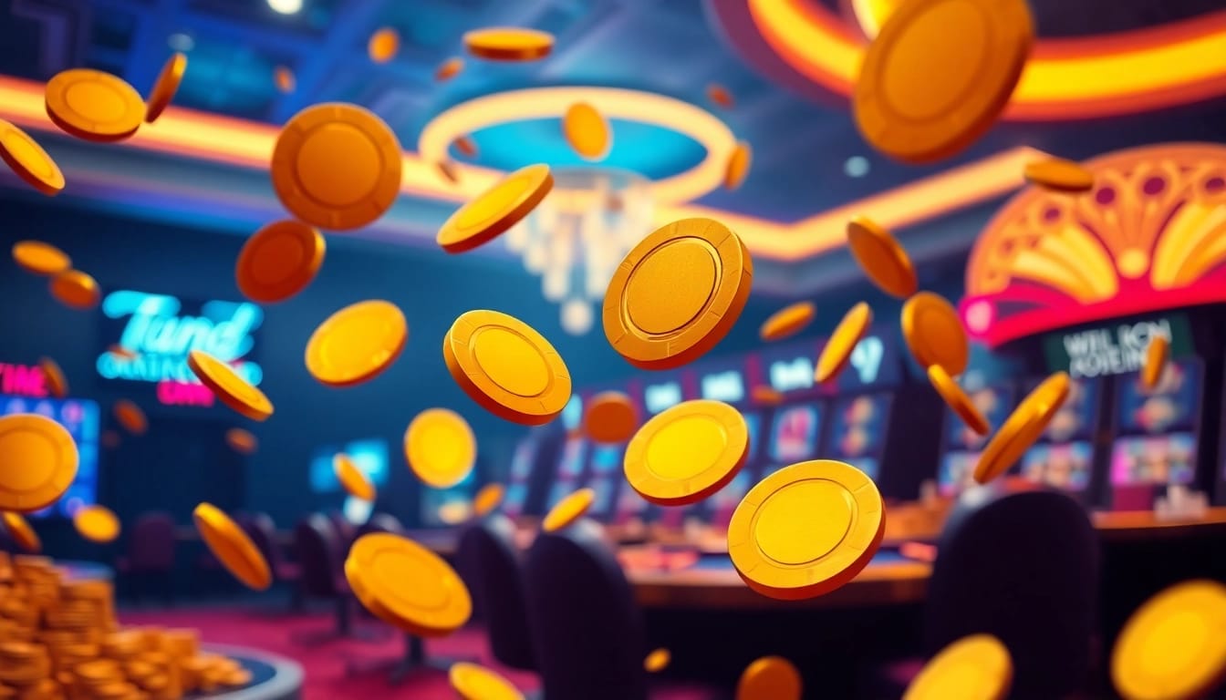 Utilize a Casino Bonus to boost your gaming experience with vibrant gold chips and neon lighting.
