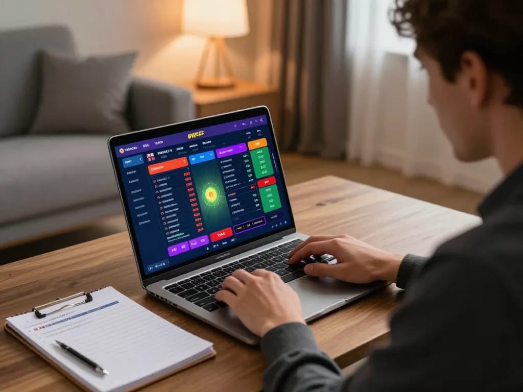 F168 online gambling session with a focused player strategizing bets on a laptop in a cozy setting