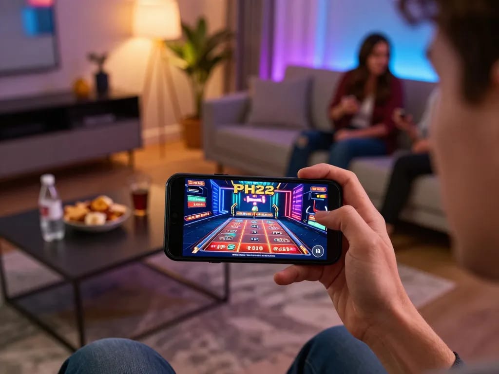 Player enjoying online gaming on PH22 mobile app in cozy living room setting with snacks