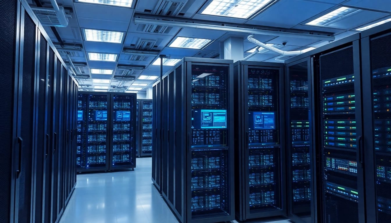 Visualisierung eines modernen Rechenzentrums mit Windows Server 2025 für Unternehmen, das für Echtzeit-Datenanalyse optimal konfiguriert ist.